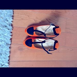 Black and orange thick heels, size 8.